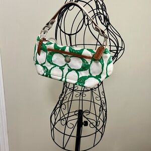Green and White Coach Shoulder Bag with Leather Strap